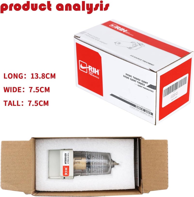 RH 1/4" NPT Air Dryer for Compressor, Air compressor water separator,air compressor filter,AF2000-02 Manual Drain,5 Micron Brass Element, Poly Bowl 0-150 psi 5μm - Image 5